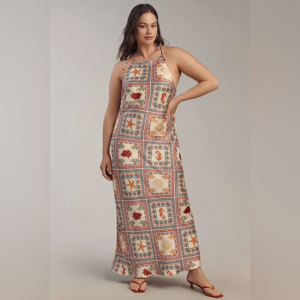 Anthropologie Cream Maxi Dress with Red and Blue Patchwork Print